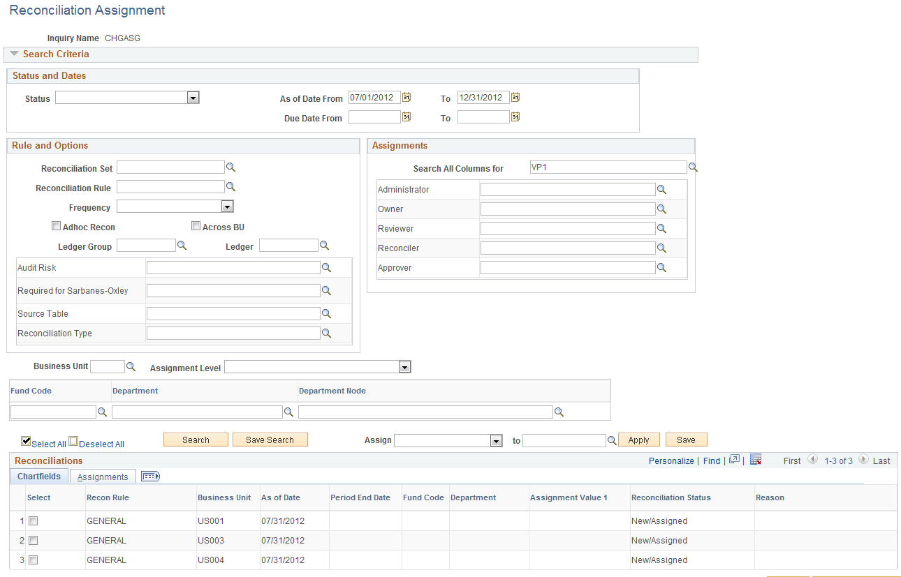 Reconciliation Assignment - Chartfields page