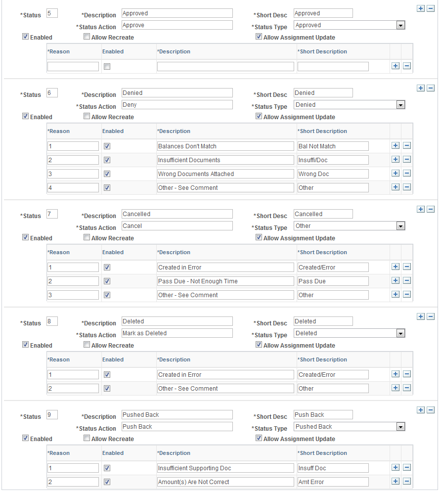 Reconciliation Statuses and Reasons page (2 of 2)