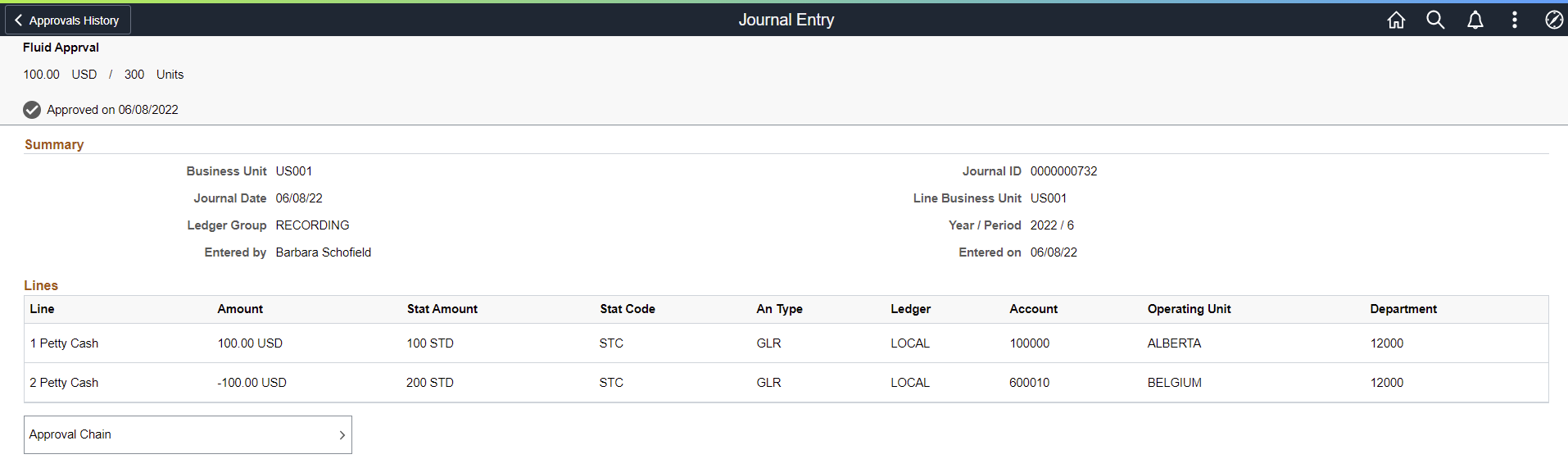 Approvals History - Journal Entry