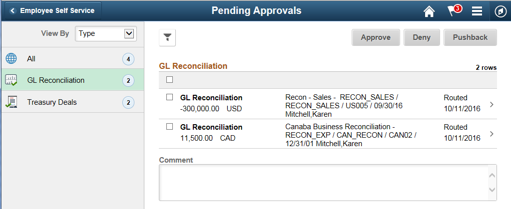 Pending Approvals page (GL Reconciliation)