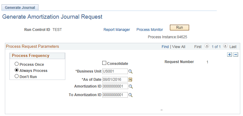 Generate Amortization Journal Request page