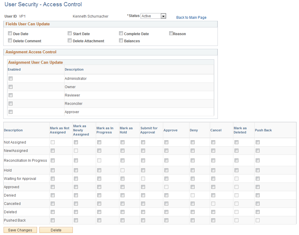 User Security - Access Control page