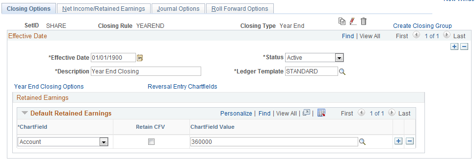 Closing Options page (Year End)