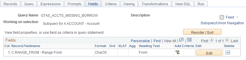 GTAS Sample Subquery for Accounts - Fields page