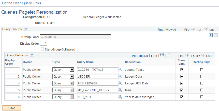 General Ledger WorkCenter - Queries Pagelet Personalization page