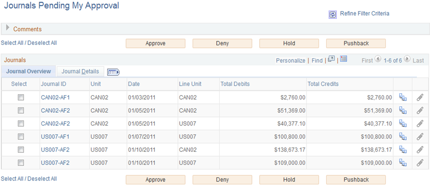 General Ledger WorkCenter - Journals Pending My Approval