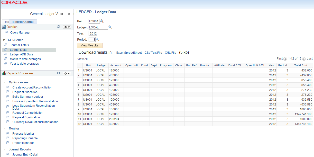 General Ledger WorkCenter - Queries Pagelet