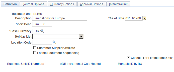 Eliminations Business Unit Definition page