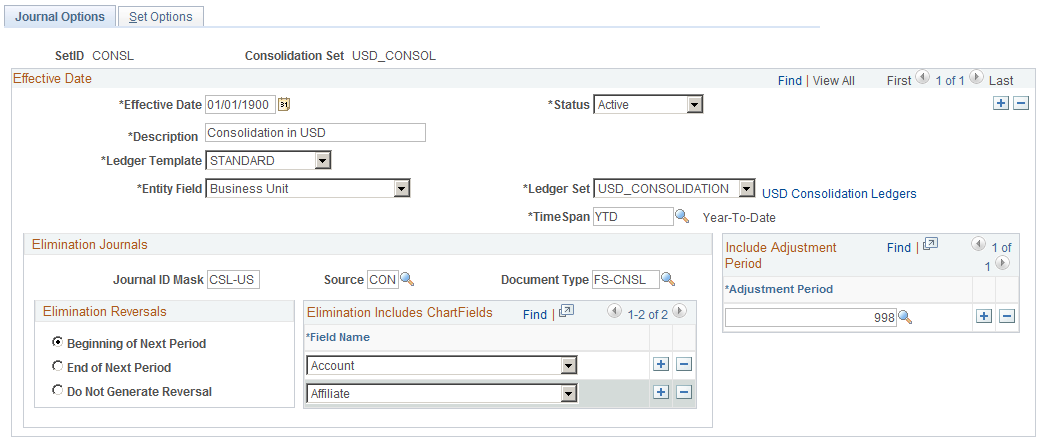 Consolidation Set - Journal Options page