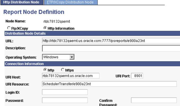 Example of Report Node Definition page setup for a non-SSL implementation