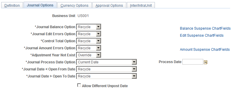 General Ledger Definition - Journal Options page