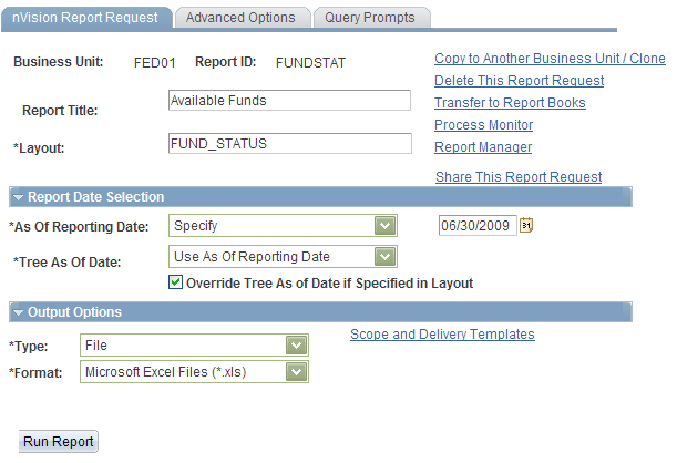 PeopleSoft nVision Report Request page - FUNDSTAT report