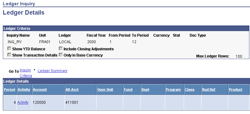 Ledger Inquiry - Ledger Details page