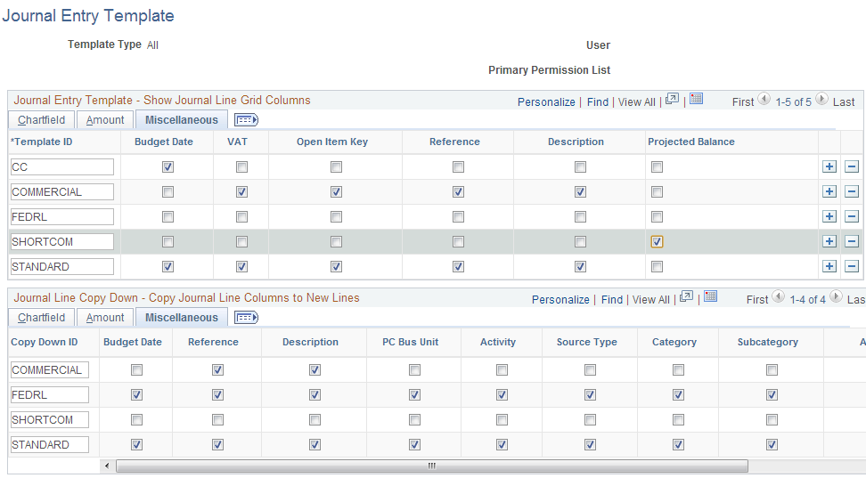 Journal Entry Template List page: Miscellaneous tab