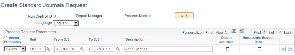 Create Standard Journals Request page