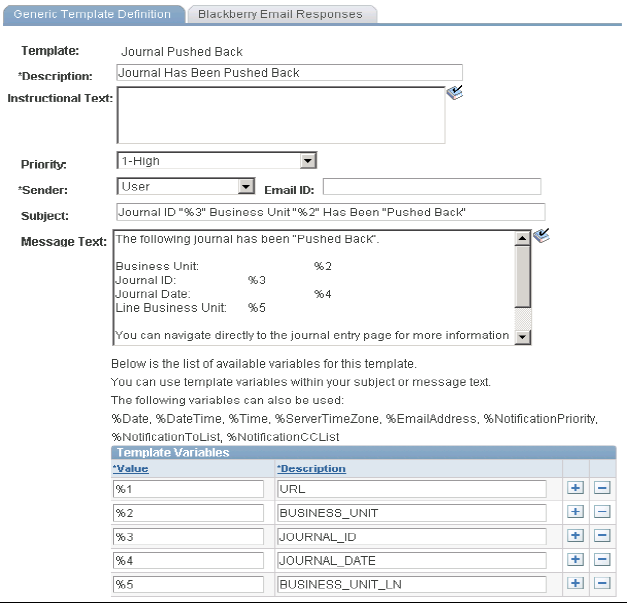 Generic Template Definition page - Journal Pushed Back template