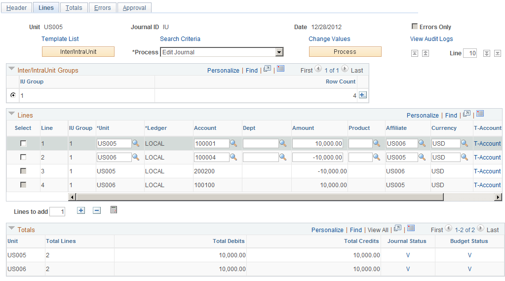 Journal Entry - Lines page (Interunit Entry)