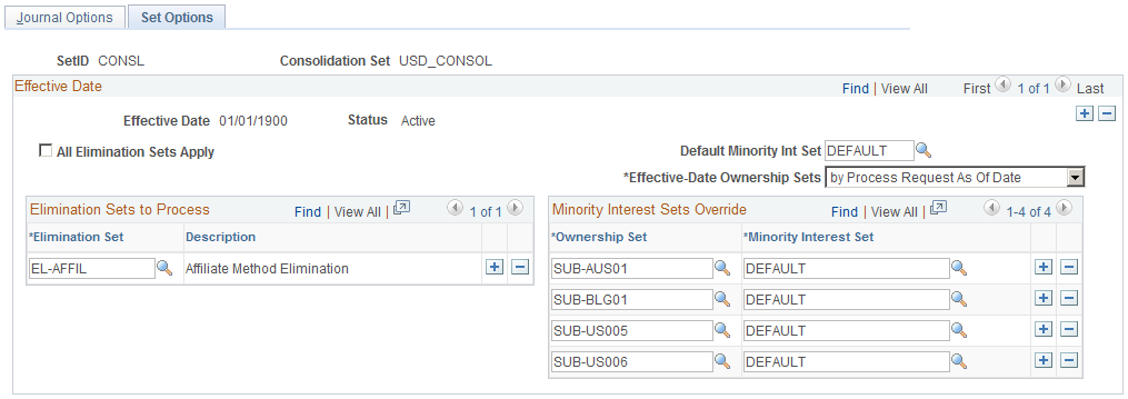 Consolidation Set - Set Options page