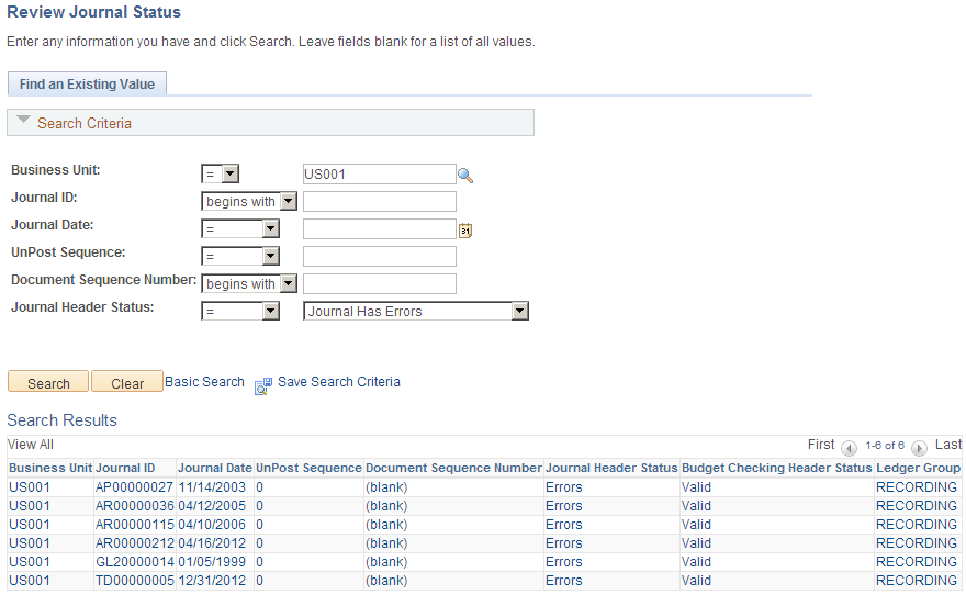 Review Journal Status - Find an Existing Value page