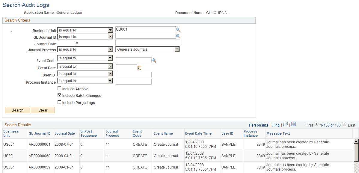 Search Audit Logs page