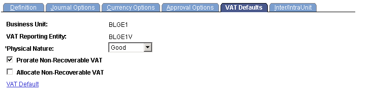 General Ledger Business Unit Definition - VAT Defaults page