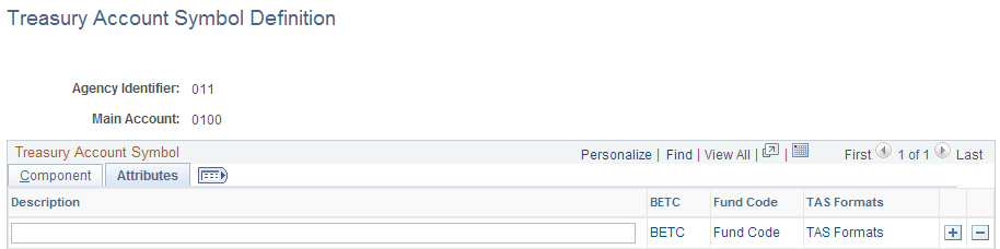 Treasury Account Symbol Definition page - Attributes tab