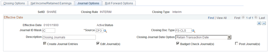 Closing Rules - Journal Options page