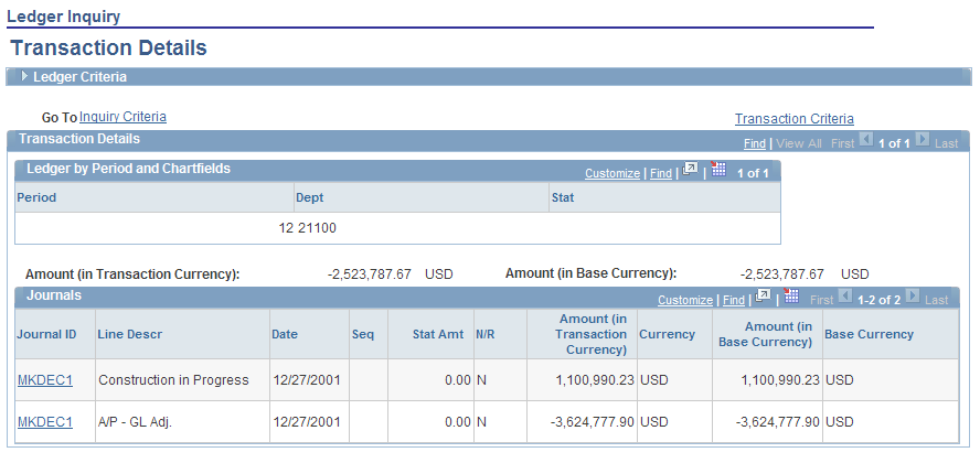 Ledger Inquiry - Transaction Details page