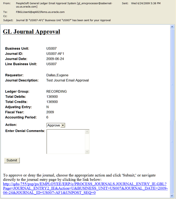 GL Journal Approval email