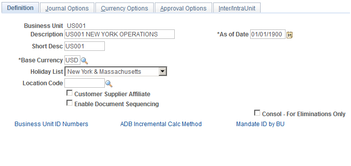 General Ledger Definition - Definition page