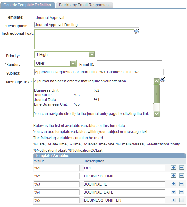 Generic Template Definition page - Journal Approval template