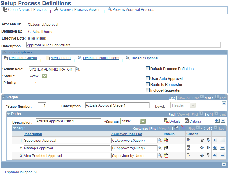 Setup Process Definitions page