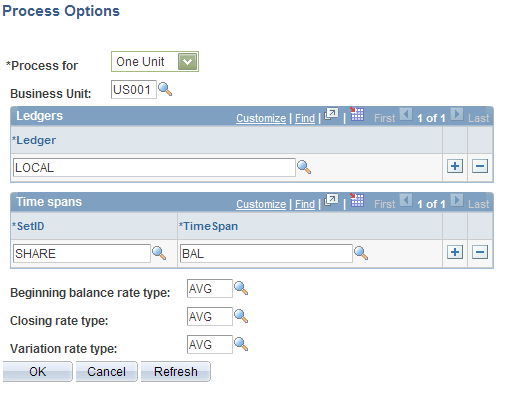 Process Options page - one business unit