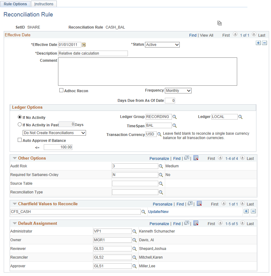 Reconciliation Rule - Rule Options page