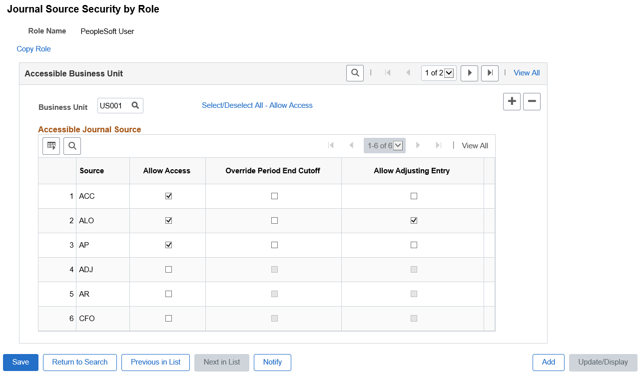 Journal Source Security by Role page