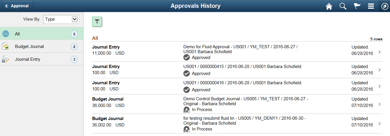 Approvals History - Summary page