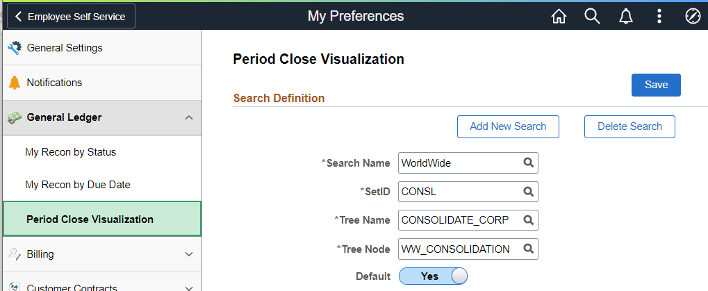 My Preferences - Period Close Visualization page