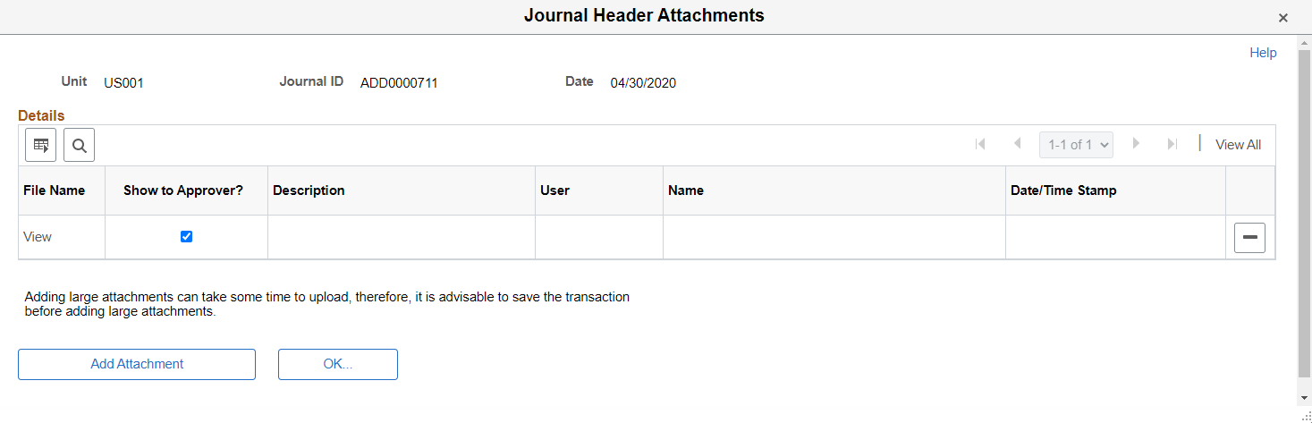 Journal Header Attachments page