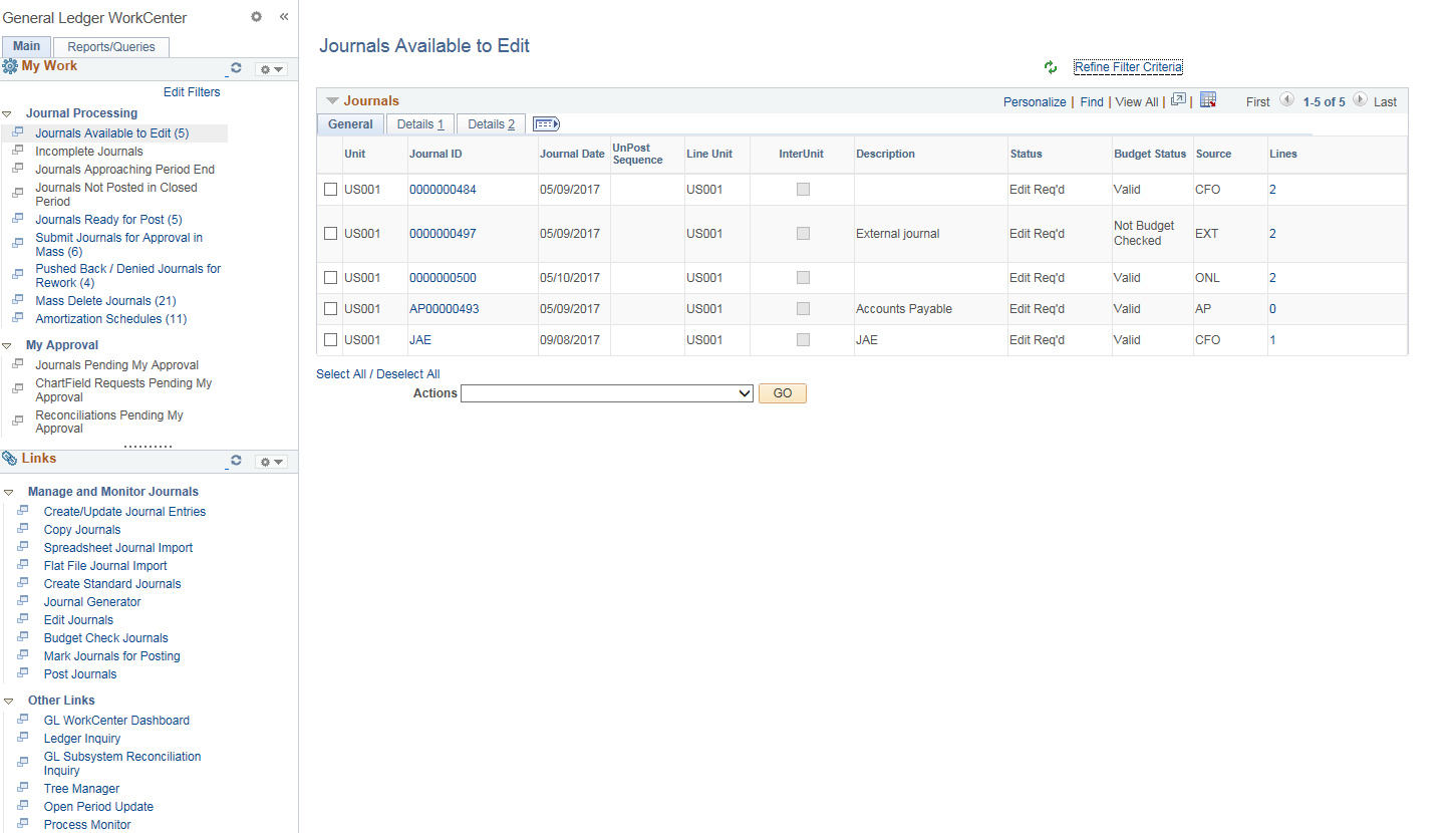 General Ledger WorkCenter - Journals Available to Edit