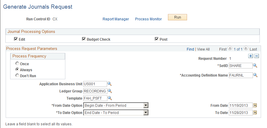 Generate Journals Request Page