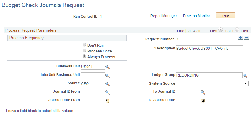 Budget Check Journals Request page