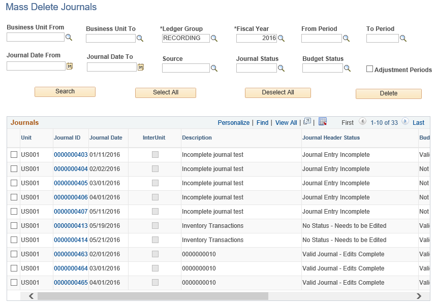 Mass Delete Journals (using navigation) page