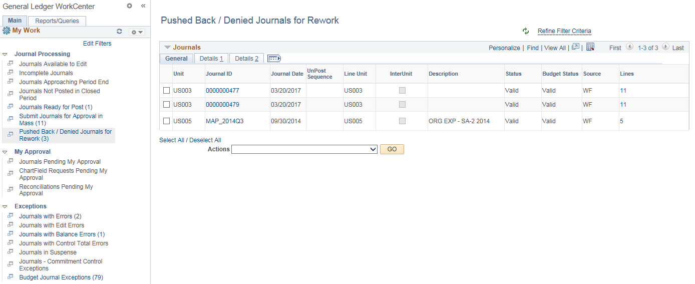 Pushed Back / Denied Journals for Rework