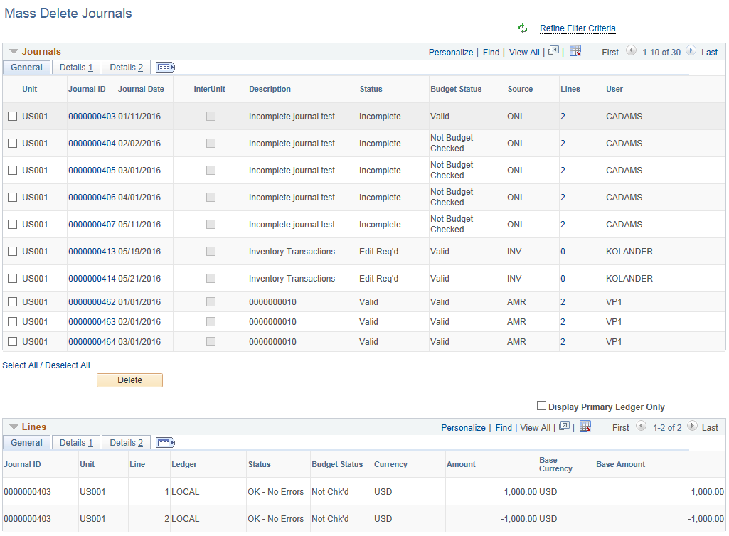 Mass Delete Journals and Lines page (Classic)