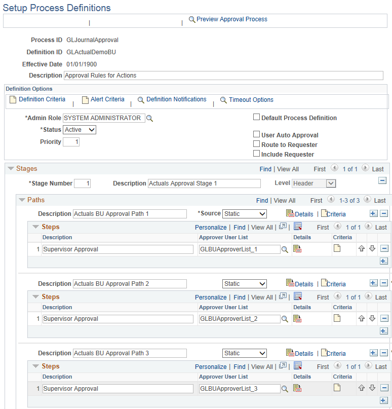 Setup Process Definitions page