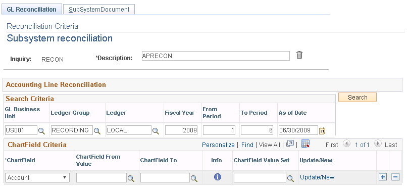 GL Reconciliation - Reconciliation Criteria page