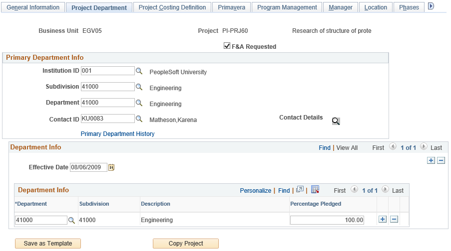 Project Department page