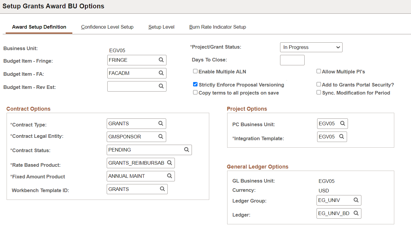 Award Setup Definition Page (1 of 2)