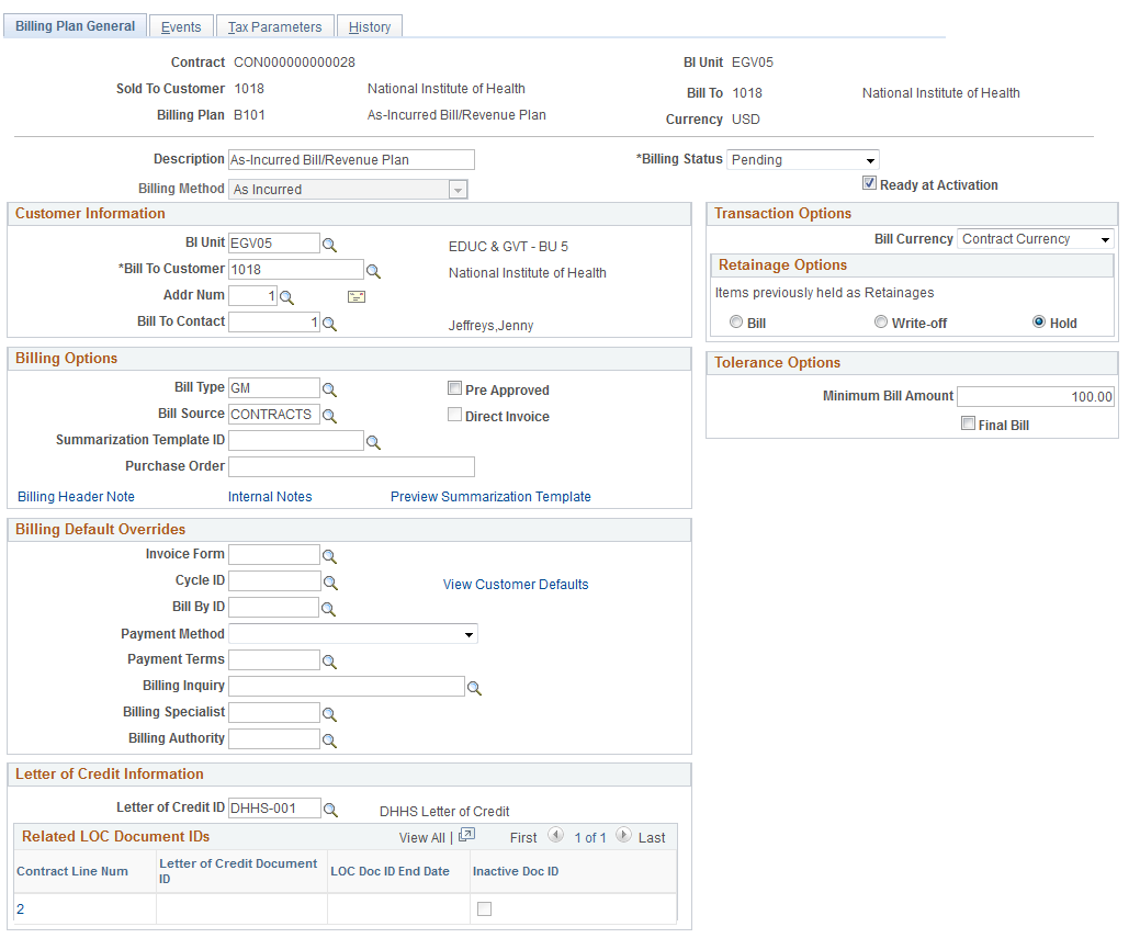 Billing Plan General page