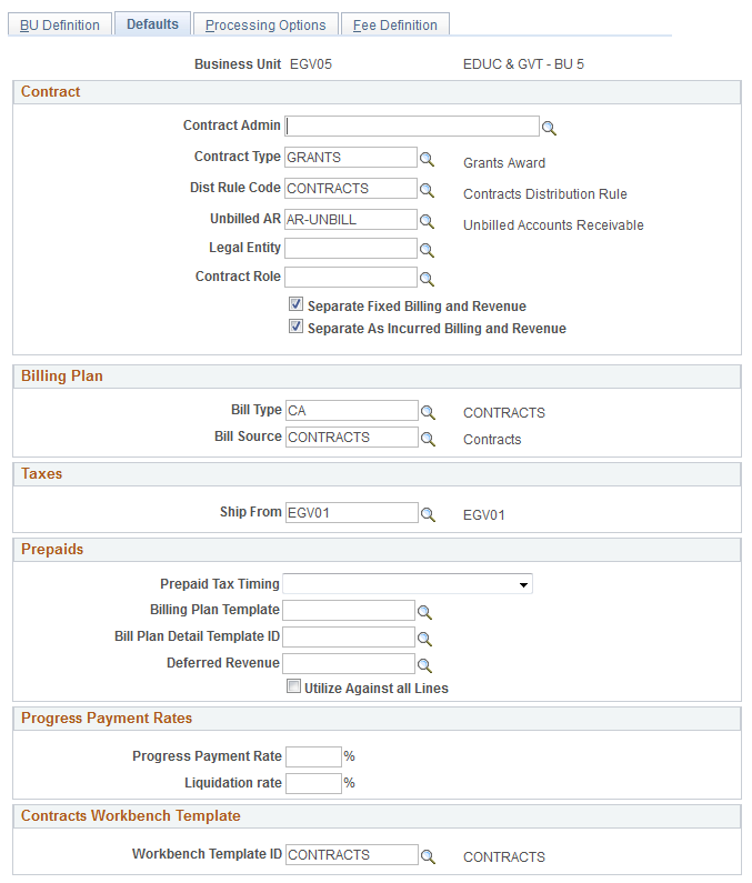 Contracts - Defaults Page